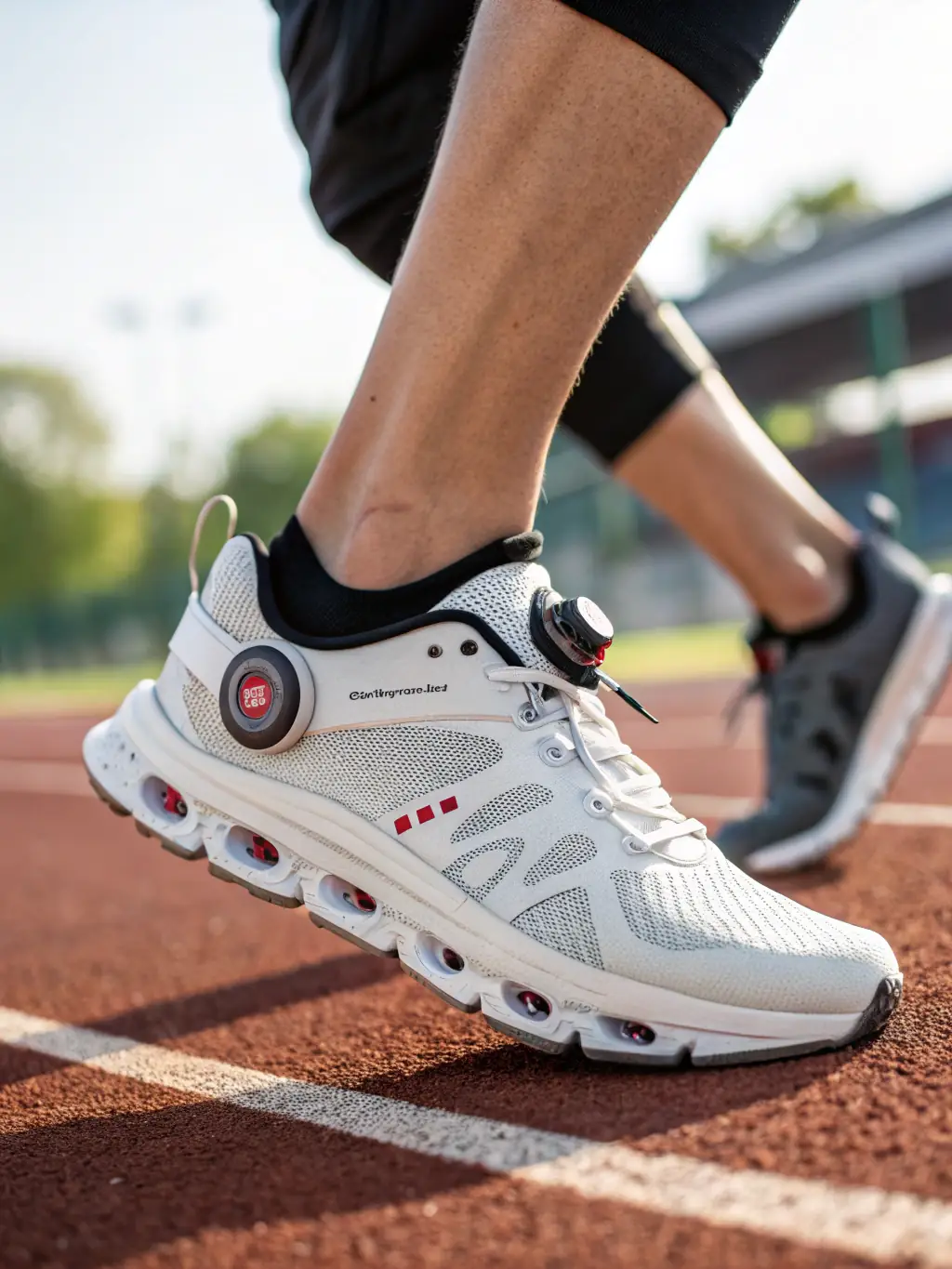 A detailed shot of the 'Apex' shoe, showcasing its innovative AI-powered cushioning and adaptive fit technology, designed for ultimate comfort and support.