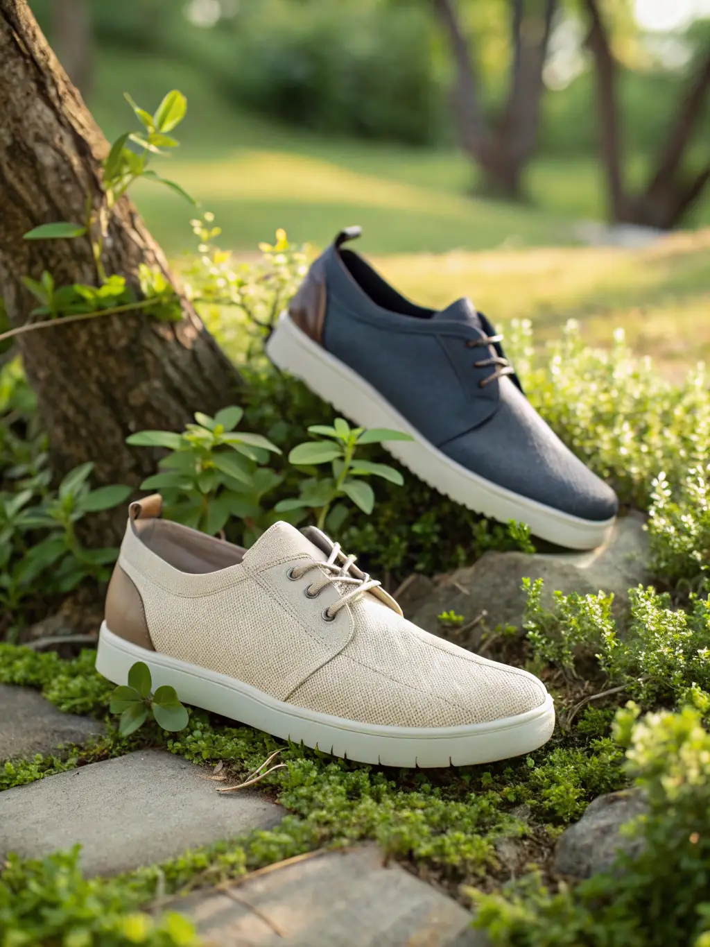 A sophisticated image of the 'Serenity' shoe, emphasizing its minimalist design and sustainable materials, ideal for conscious consumers seeking timeless style.