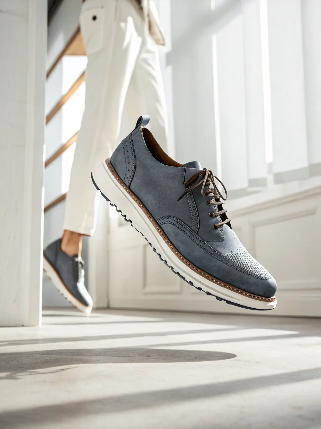 A close-up shot of the 'Aurora' shoe, showcasing its intricate AI-designed patterns and premium leather finish, set against a minimalist background to emphasize its elegance.
